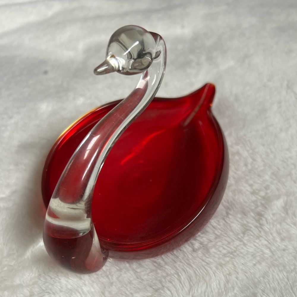 VINTAGE Duncan & Miller Red Glass Swan Dish